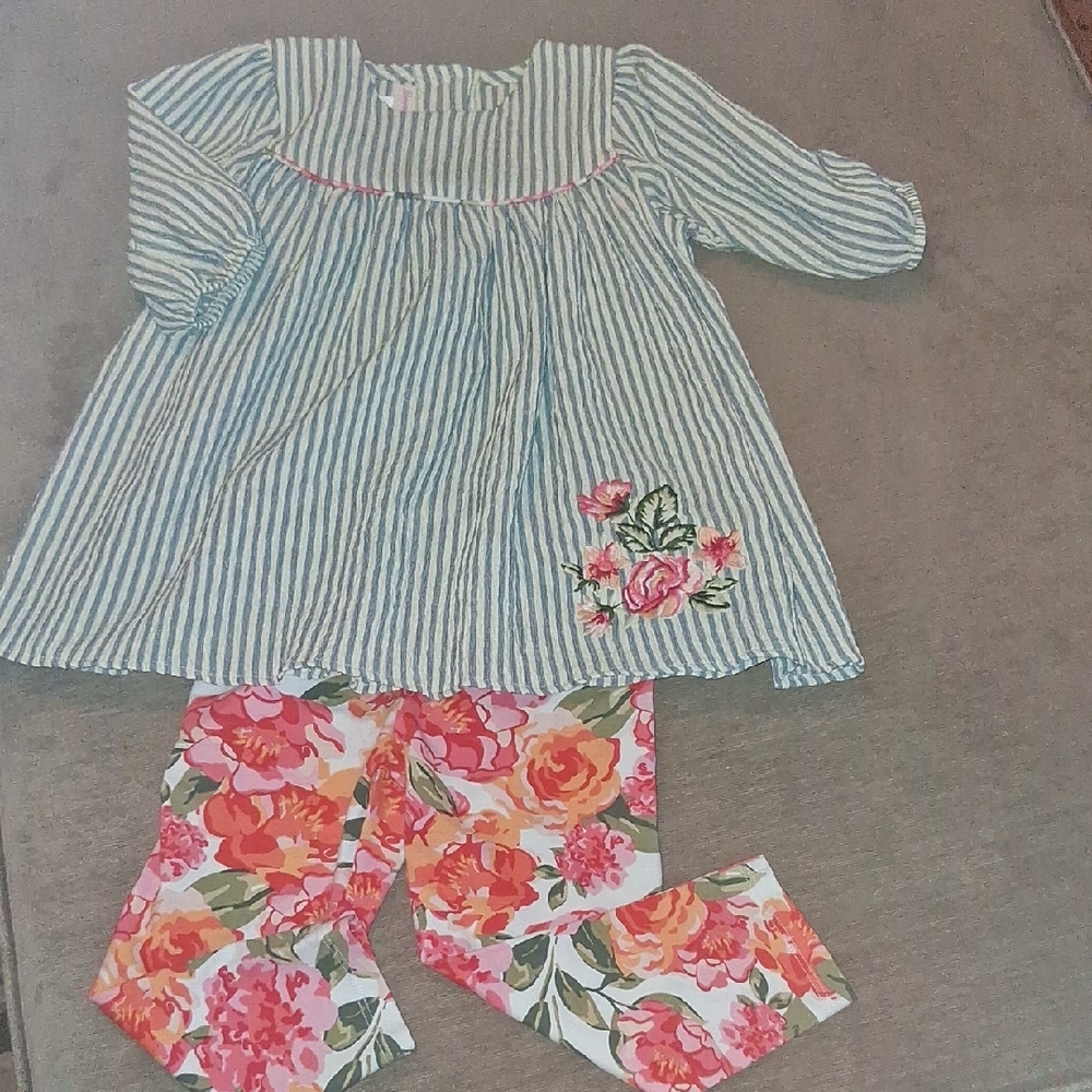 Striped Floral Embroidered Top and Floral Leggings Set